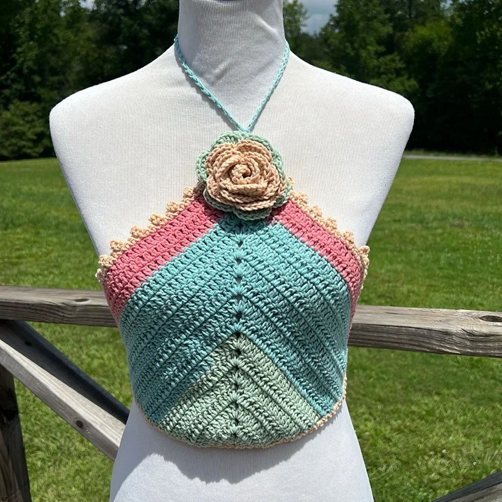 Crochet Halter Top with Floral Accent Handmade - Picture 1 of 5